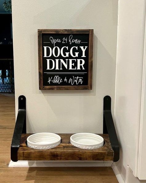 Dog Eating Station In Kitchen, Dog Food Decor Ideas, Doggie Diner Sign, Dog Eating Area Decor, Decorating House Ideas, Dog Spot In House, Forever Home Must Haves, Dog Food Area Ideas, New House Decorating Ideas Budget