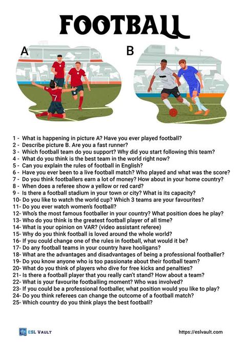 football conversation questions Football Worksheets, Duolingo Test, Group Questions, Speaking Topics, Speaking Cards, Speaking Activity, Conversation Questions, English Teaching Resources, Speaking Practice