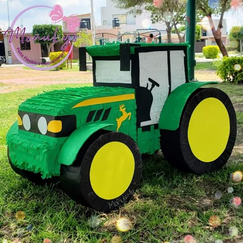 Cardboard Tractor, John Deere Party, John Deere Birthday, Tractor Birthday Party, Fall Bulletin Board, Barnyard Birthday Party, Tractor Party, Diy Pinata, Tractor Birthday