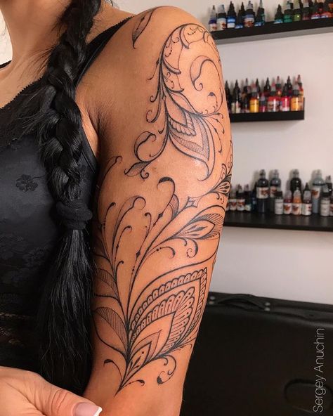 Lace Sleeve Tattoos, Shoulder Sleeve Tattoos, Feminine Tattoo Sleeves, Knot Tattoo, Forearm Tattoo Women, Lace Tattoo, Feminine Tattoo, Shoulder Tattoos For Women, Hummingbird Tattoo