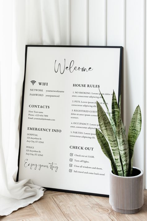 Decorate Airbnb, Airbnb Checklist, Arrival Poster, Welcome Basket, Unique Living Room, Airbnb House, Wifi Sign, Airbnb Design, Airbnb Rentals