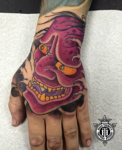 Japanese Tattoo Hand, Mask Hand Tattoo, Hannya Mask Tattoo Design, Mask Tattoo Design, Japanese Hand Tattoos, Holy Trinity Tattoo, Hannya Mask Tattoo, Hannya Mask, Ghost Tattoo