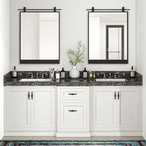 Amazon.com: Modern Simple Bathroom Mirror 24X16 Inch Black Metal Framed Mirror Rectangle Decorative Wall Mirror for Bathroom Wall Over Sink with Non-Rusting Iron Metal Framed : Home & Kitchen Double Vanity Mirror Ideas, Modern Simple Bathroom, Black Bathroom Mirrors, Decorating Mirror Frames, Black Frame Mirror, Rustic Bathroom Mirrors, Metal Framed Mirror, Mirror Rectangle, Black Mirror Frame