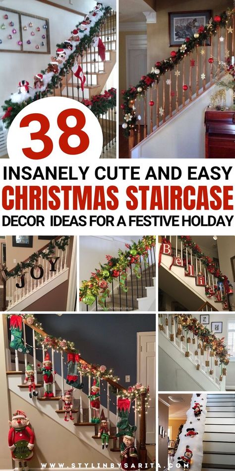 christmas staircase decorations Farmhouse Christmas Staircase, Christmas Decorations Stairs Banisters, Christmas Decor Townhouse, Stair Banister Christmas Decor, Christmas Decorations For Banisters, Bows For Staircase Garland, Christmas Decor Ideas For Banister, Decorating Staircase For Christmas Banister Ideas, Xmas Staircase Decor Railings