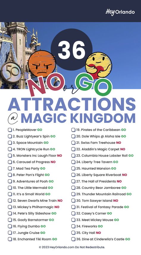 36 Things To Do at Magic Kingdom [PRINTABLE CHECKLIST] Disney World Attractions List, Magic Kingdom Attractions List, Disney Florida Planning, Florida Disneyworld, Disney Orlando Florida, Disneyland Orlando, Magic Kingdom Orlando, Disney Road Trip, Magic Kingdom Food