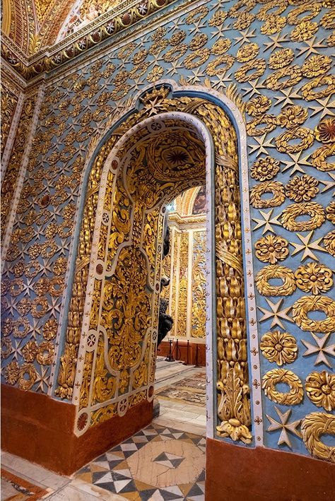 St. John’s Cathedral,  Valletta, Malta.  Detail of some of the baroque decoration that covered the walls of the church. Baroque Decoration, Valletta Malta, Baroque Architecture, John The Baptist, Holy Land, Baroque Fashion, Eiffel Tower Inside, 17th Century, The Church