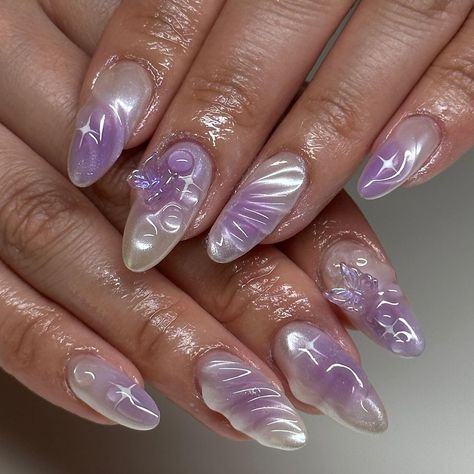 40 Latest Nail Trends to Inspire You Asian Nail Designs, Lilac Almond Nails, Wave Nail Design, 16 Hairstyles, Moonlight Serenade, Bare Nails, Purple Ombre Nails, Wave Nails, Aesthetic Nail