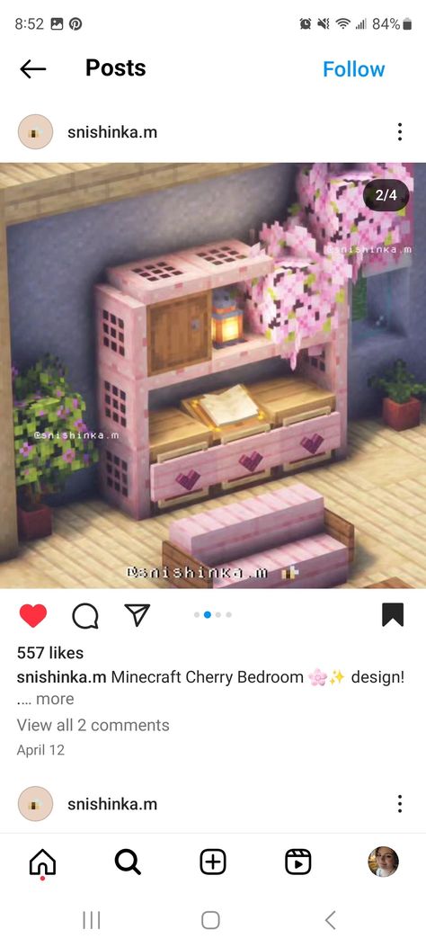 Pink Decor Minecraft, Minecraft Pink Bedroom Ideas, Minecraft Bed Designs Pink, Cherry Blossom Living Room Minecraft, Minecraft Sakura House Interior, Minecraft Pink Interior Design, Cherry Blossom Storage Room Minecraft, Minecraft Loft House, Minecraft Vanity