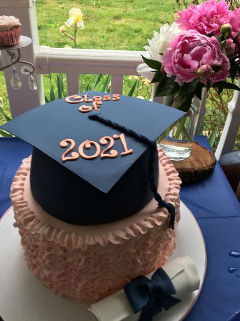 Navy and Blush grad cake Navy And Pink Graduation Party, Navy Blue And Gold Graduation Cake, Navy Blue And Pink Graduation Party, Navy And Blush Dessert Table, Navy And Pink Cake, Navy Blue And Pink Gender Reveal Cake, Blue Graduation Party, Pink Graduation Party, Cap Cake