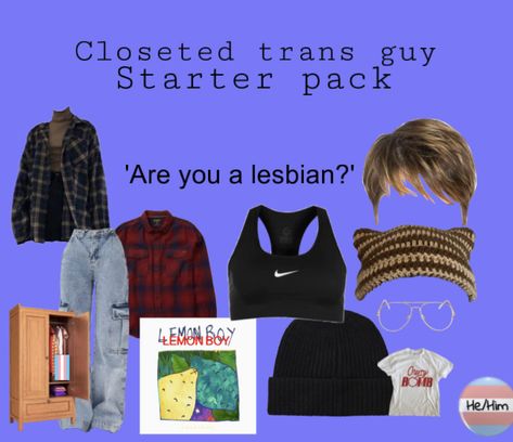 Transmasc Starter Pack, Trans Starter Pack, Trans Guy Tips, Ftm Things, Trans Boy Outfits, Trans Masc Outfits, Ftm Outfits, Masc Lesbian, Lgbtq Stuff