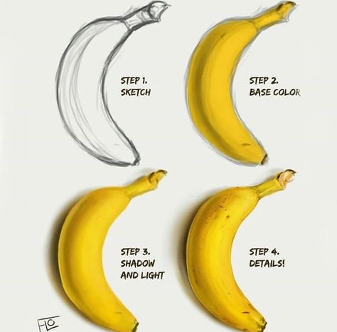 How to paint a banana Fruits Drawing, Ipad Art, Digital Painting Tutorials, Color Pencil Art, Process Art, Realistic Drawings, Digital Art Tutorial, Painting Tips, Art Drawings Simple