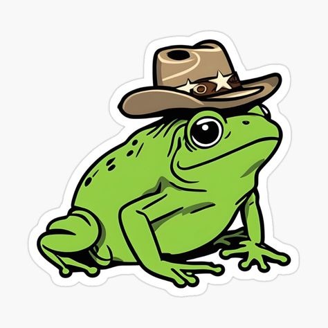 Envision an amusing juxtaposition in the Frog wearing a Cowboy Hat illustration, where the frog's whimsy meets the classic cowboy style. This portrayal combines the charm of nature with a playful nod to cowboy culture, creating an entertaining character that adds a touch of humor and creativity to the scene. Frog With Cowboy Hat, Doodle Bops, Cowboy Hat Illustration, Cowboy Hat Sticker, Whiteboard Organization, Cowboy Culture, Hat Illustration, Water Creatures, Frog Illustration