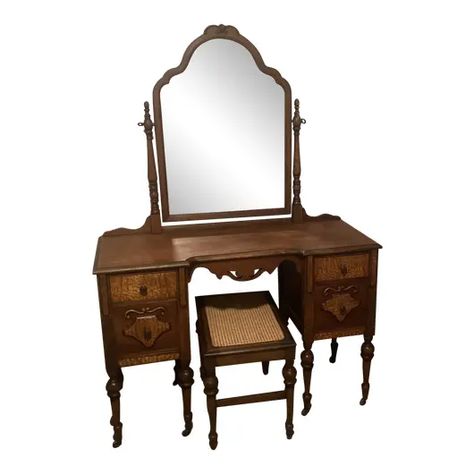 Antique Makeup Vanities, Console With Mirror, Antique Makeup, Antique Bedroom Set, Sanctuary Decor, Vanity And Mirror, Mirror Sets, Walnut Vanity, Used Furniture For Sale