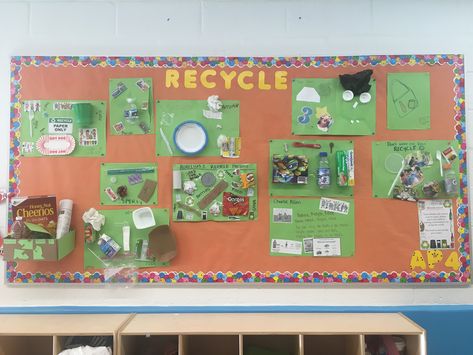 Recycling home project PreK Bulletin Board Reduce Reuse Recycle Bulletin Board, Prek Bulletin Board, Recycle Center, Leaf Hunt, Recycling Lessons, Preschool Skills, Recycle Material, Recycling Activities, Kwl Chart