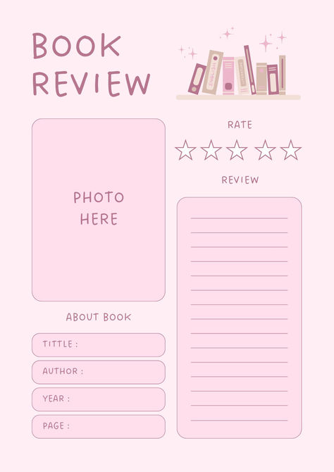 Keep track of your reading journey with this adorable and functional pink book review template! Perfect for logging your favorite books, rating them, and sharing your thoughts in style. A great addition for book lovers and reading enthusiasts! 🌸⭐  #BookReviewTemplate #MinimalistDesign #ReadingLog #BookLovers #PinkAesthetic #ReadingTracker #BookstagramIdeas #PlannerForReaders #BookNotes #ReviewYourReads Book Review Template, Review Template, Book Reading Journal, Pink Book, Bulletin Journal Ideas, Unread Books, Pink Books, Notes Template, Journal Template