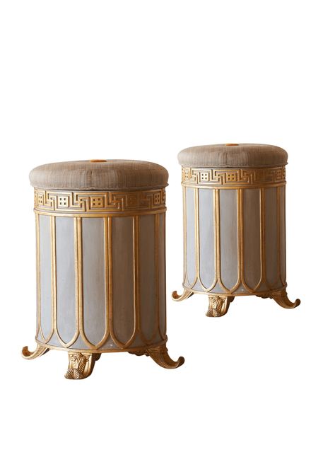 A pair of circular stools in the manner of other works at Brighton Pavilion. Stylised Greek key frieze and reverse Gothic arch on carved scroll feet. The inside of the gothic arch in an aged white gold leaf. The remaining gilding is in fully aged gold leaf. Available in two colours Greek Furniture Design, Greek Furniture, Greek Interior, Greek Cafe, Brighton Pavilion, Gothic Arch, Gothic Furniture, The Gothic, Interior Designing