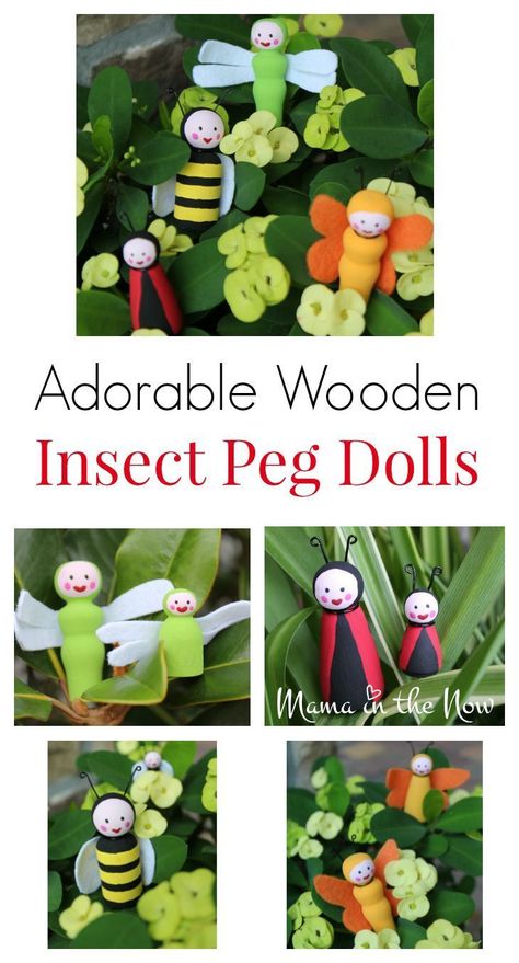 How to make the most adorable wooden insect bug peg dolls. Great bug and insect craft for kids of all ages. Butterfly, dragon fly, bumble bee, and a lady bug! Making Minatures, Insect Craft, Insect Crafts, Nursery Garden, Preschool Planning, Butterfly Dragon, Waldorf Crafts, Unit Studies, Peg People