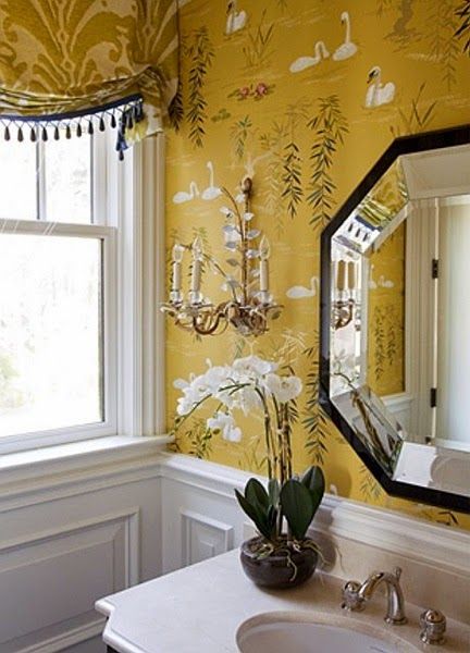 . Remodel Garage, Beautiful Powder Rooms, Powder Room Design, Bad Inspiration, Mirror On The Wall, Yellow Wallpaper, Decoration Inspiration, Bathroom Wallpaper, A Mirror