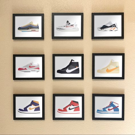 9 Framed Prints Of Jordan 1, Off-White, Nike Air Max, Yeezy Wall Art. Hangs Great In Any Room Or Wall. Hang Near Your Sneaker Collection, Room, Office, Or Gym. Supreme. Frame Size: 9.5”X11.5” Includes Glass Frame Sneaker Shelves Bedroom, Sneaker Display Bedroom, Sneaker Head Room Ideas Boy, Jordan Wall Shoes, Nike Room, Nike Room Decor, Nike Shoes Wall Art, Custom Made Jordans, Jordan Wall Art