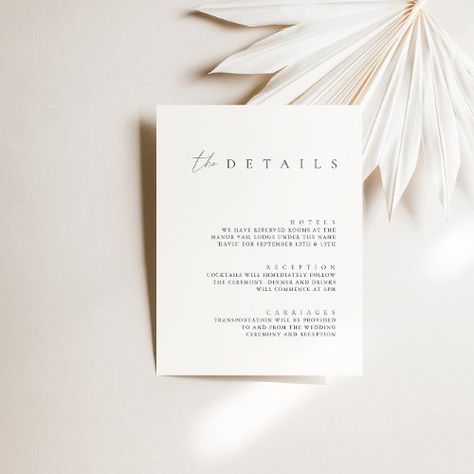 $2.63 | Minimalist Ivory Wedding Details Enclosure Card #details hotel information reception, classy minimal fall winter contemporary, modern minimal simple, enclosure guest info, simple elegant wedding details, calligraphy wedding accommodation insert, minimalist wedding transportation, lovely and delicate handwritten, wedding more information, elegant black and white wedding Details Card Wedding Invitation, Taupe Wedding, Wedding Transportation, Wedding Rehearsal Dinner Invitations, Simple Elegant Wedding, Wedding Details Card, Elegant Calligraphy, Wedding Enclosure Cards, Wedding Gift Registry