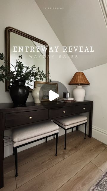 LIZ +  AMY on Instagram: "ENTRYWAY REVEAL!   Finally did something about this empty hallway.   🕊️🕊️comment “styling” and we will dm you a link(check your request folder ) K🕊️🕊️  Our entrance is one of my favorite rooms in our house, the banister and the door and the long hallway, I love it all ❤️ my intentions were to keep it budget friendly, but I did mix in some high-end decor. Who really sticks to a budget😜 most of this is Wayfair (desk, mirror and lamp) the stools and small vase are target. The large vase is McGee and Co and the candle is amber interiors. This solid wood console table fit perfectly, I did change the hardware and it looks like like a completely different table. It’s also on sale for wayday right now. And so is this gorgeous mirror.  Entryway styling, under stairs d Long Entryway Ideas, Mirror And Lamp, Entryway Styling, Slim Console Table, Mirror Entryway, Narrow Entryway Table, Mcgee And Co, Upstairs Landing, Console Table Entryway