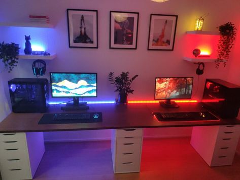 Double Gamer Room, Double Gaming Setup, Dual Gaming Setup, Gameing Set Up, Couples Battlestation, Office And Game Room Combo, His And Hers Gaming Room, Design Gaming Room, Couple Room Ideas