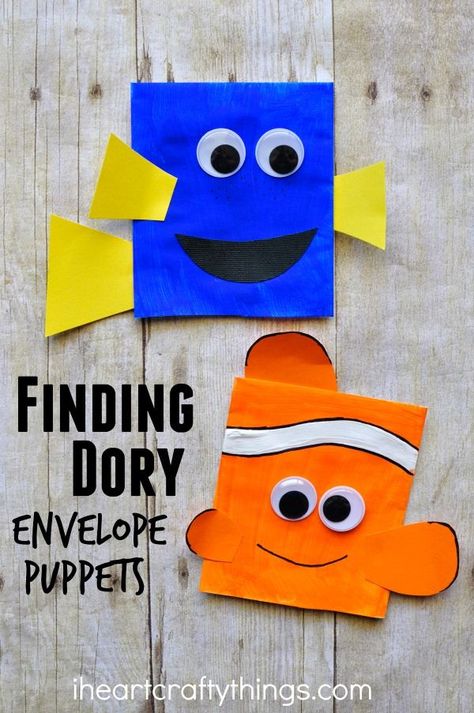 This Finding Dory Craft makes a great family activity after seeing the movie and the Dory and Nemo envelope puppets are so fun for kids for play time. Fun summer kids craft and great kids activity for a Finding Dory or Finding Nemo Birthday Party. Finding Dory Crafts, Dory Birthday Party, Disney Crafts For Kids, Dory Birthday, Disney Activities, Movie Crafts, Disney Finding Nemo, Outdoor Cinema, Summer Crafts For Kids