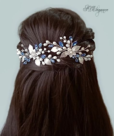 Blue Hair Piece, Sapphire Hair, Silver Wedding Hair, Royal Blue Hair, Navy Blue Hair, Blue Wedding Hair, Bride Hair Clips, Wedding Hair Pin, Bridesmaid Hair Clips