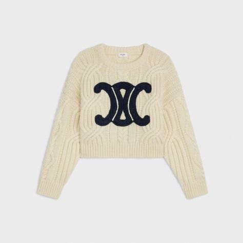 TRIOMPHE CREW NECK SWEATER IN ARAN WOOL - ECRU / NAVY | CELINE Celine Triomphe, Knitwear Women, Crew Neck Sweater, Neck Sweater, Casual Style, Sweaters & Cardigans, Ready To Wear, Knitwear, Loose Fitting