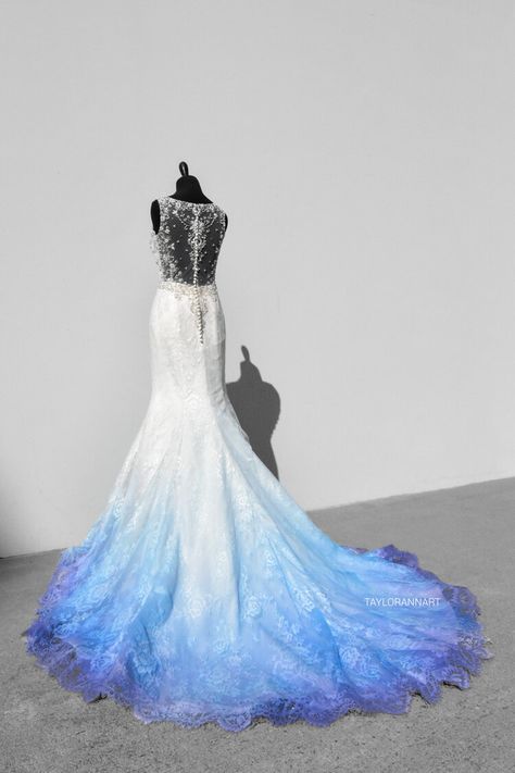 Taylor Ann Art Wedding Dress, Colorful Mermaid Wedding Dress, Ombre Wedding Dress Blue, Non White Wedding Dress Colour, Canvas Bridal, Dye Wedding Dress, Ombre Wedding Dress, Art Collab, Ombre Wedding