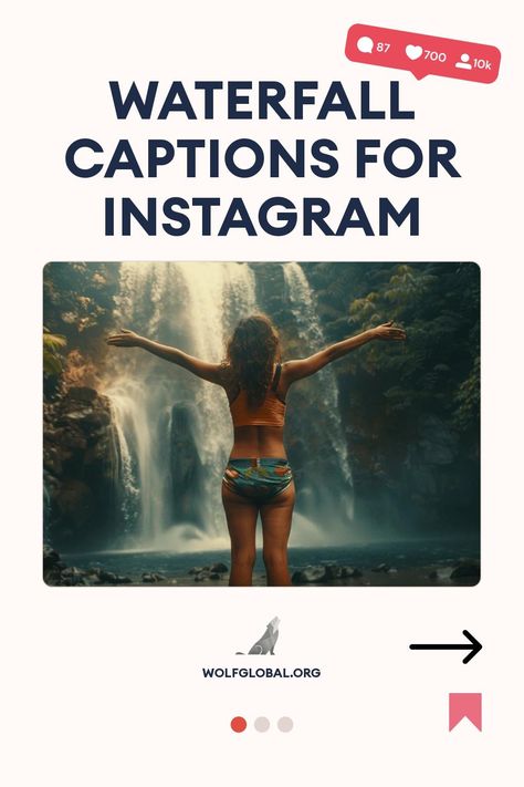 A person stands with arms wide open in front of a serene waterfall.
List of catchy waterfall-related captions with emojis and a call-to-action button for more.
A promotional image for WolfGlobal.org featuring a happy woman on a laptop with social media icons. Falls Caption For Instagram, Waterfall Pics, Waterfall Captions, Adventure Captions, Best Sayings, Waterfall Pictures, Caption For Friends, Captions For Instagram, Fall Pictures