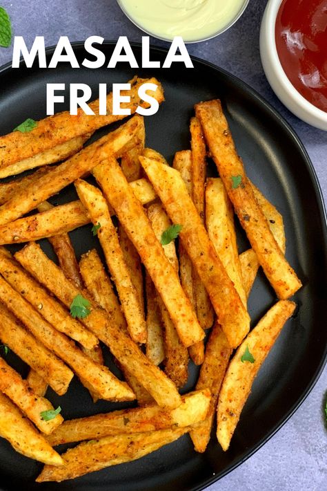 This Crispy Masala French Fries is an Indian style spicy Potato French Fries recipe that can be easily made at home by mixing thinly cut potatoes with corn starch and few spices and are deep fried until crisp.They are great to serve as an appetizer or with cocktails. Potato Snack Recipes, Veg Snacks Recipes, Potato Fry Recipe, Potato French Fries, Street Food India, Potato Snack, Potato Fry, Vegetarian Platter, Masala Fries