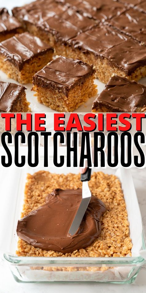 This Easy Scotcharoos Recipe is a classic rice krispie treat that's made with peanut butter, chocolate and butterscotch chips! Rice Krispie Treats With Butterscotch Chips, Peanut Butter Chocolate Chip Rice Krispie Treats, Rice Krispie Scotcheroos Butterscotch Chips, Microwave Scotcharoos Recipe, Scotch A Roos Rice Krispies, Peanut Butter Butterscotch Rice Crispy Treats, Easy Peanut Butter Rice Krispie Treats, Scotchies Rice Krispies, Rice Crispy Peanut Butter Chocolate Bars