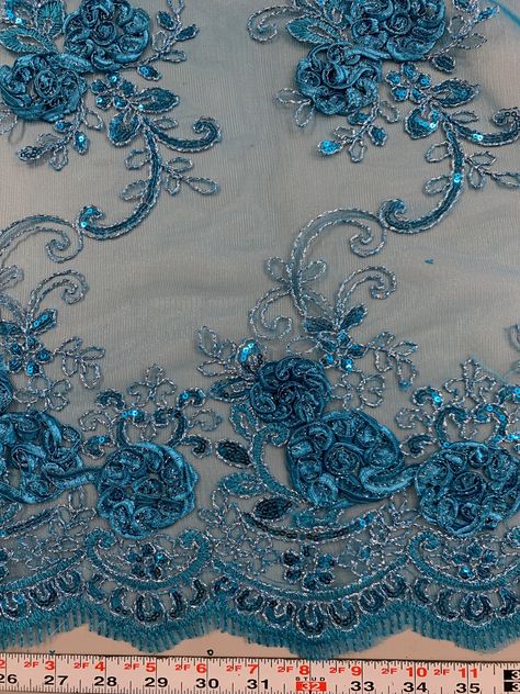 Ryleigh TURQUOISE 3-D Floral Embroidery with Foil & Sequins on Mesh Lace Fabric by the Yard - 10010 Content: 100% polyester Stretch: Minimal Width: 50 to 52 inches Edge: Scalloped on both edges Uses: Wedding dress, evening gown, formal wear, tops, skirts, home decorations, costumes, crafts, etc. DISCLAIMER: Expedited shipping options do not apply to 5, 10, 50 and 100 yard options. Sample/Swatch: 4x2 inches for $4.99 each, free shipping. We highly suggest buying a sample first to see and feel Wedding Dress Evening, Bridal Fabric, Fabric Beads, Light Peach, Handmade Fabric, Dress Evening, Home Decorations, Disney Inspired, Product Photos