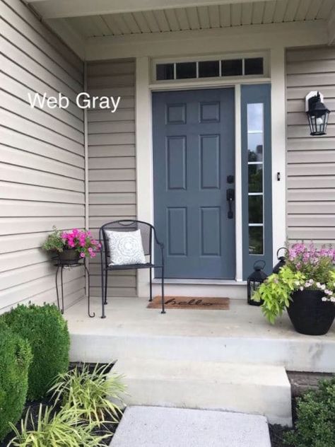 The 6 Top Front Door Paint Colors (That Even Your HOA Will Love) - Kylie M Interiors Door Color For Taupe House, Slate Blue Front Door, Gray House Front Door Color, Wythe Blue Front Door, Front Door Colors With Tan House, Gray Front Door, Gray Front Door Colors, Kylie M Interiors, Brown Front Doors