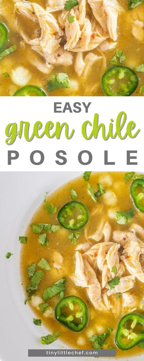 This easy green chile posole recipe is a staple in my home, and Posole in general is a staple throughout the Southwest and Mexico. Posole, which means “hominy”, is a traditional soup or stew from Mexico. It is made from hominy with meat, and can be seasoned and garnished with any variation of shredded lettuce, chile peppers, onion, garlic, radishes, avocado, salsa or limes. Green Chicken Posole Recipe, Green Chile Posole, Pasole Recipe, Posole Recipe Chicken, Posole Soup, Hominy Recipes, Posole Recipe, Pozole Recipe, Chile Peppers