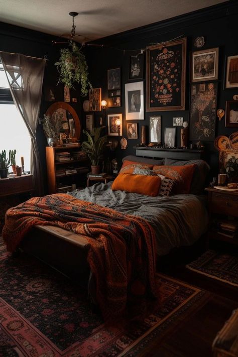 Embrace a romantic atmosphere in your bedroom with layered textiles and elegant drapery. Use heavy curtains, plush throw blankets, and vintage-inspired pillows to create a cozy, welcoming retreat perfect for curling up with a good book. #DarkAcademiaAesthetic #BedroomIdeas Dark Academia Bedroom Aesthetic, Academia Bedroom Aesthetic, Dark Academia Aesthetic Bedroom, Modern Gothic Bedroom, Dark Academia Bedroom Ideas, Dark Romantic Bedroom, Dark Cozy Bedroom Ideas, Dark Academia Interior, Dark Academia Bedroom