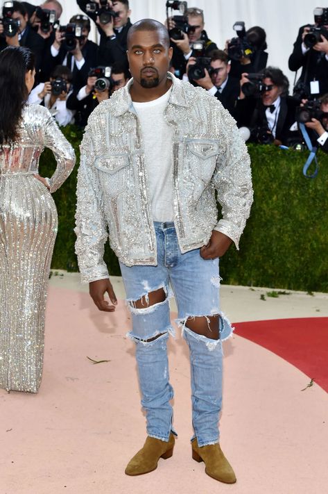 Shop Kanye West’s Red Carpet Denim Look at the Met Gala 2016 | Vogue New Kanye, Kanye West Style, Kanye West And Kim, Met Gala Outfits, Kim And Kanye, Embellished Denim Jacket, Fashion Gal, Kim Kardashian And Kanye, Met Gala Red Carpet