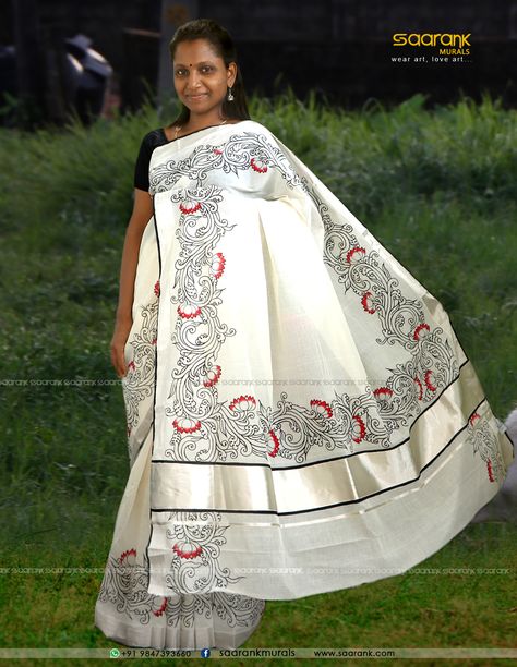 Mural painting on Silver Kasavu Saree... Style - Mural painting done by hand  Saree - Handweaved Silver Kasavu Kerala Saree Size - 6.30 mtr Whatsapp - +91  9847393660 Mural Painting Kerala Saree Blouse, Kerala Saree Painting Designs, Kerala Dress, Liquid Embroidery, Kerala Saree Blouse, Saree Borders, Painted Saree, Handmade Saree, Tassels Designs