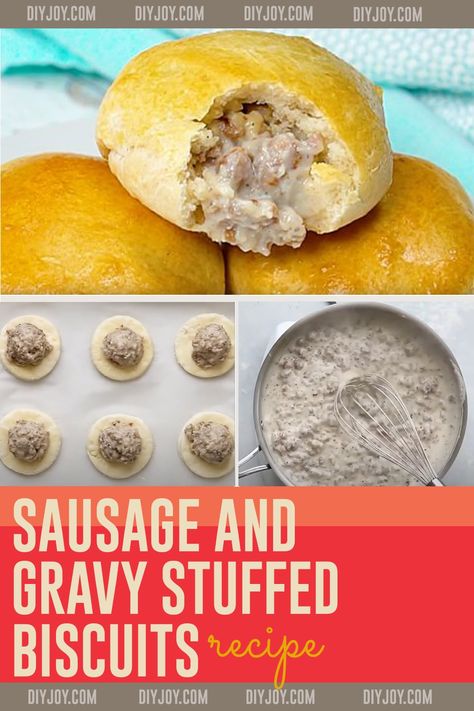 Sausage Gravy Stuffed Biscuit Recipe - Easy Breakfast Ideas for Country Cooking - How to Make Stuffed Biscuits Jumbo Biscuit Ideas, Sausage Gravy Biscuit Cups, Stuffed Biscuits And Gravy, Sausage And Gravy Stuffed Biscuits, Stuffed Biscuits Dinner, Sausage Gravy Stuffed Biscuits, Gravy Stuffed Biscuits, Brunch Sausage, Peanut Butter And Banana Sandwich