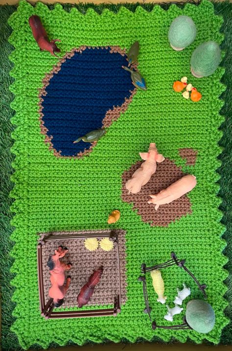 Crochet Farm Play Mat Pattern - Etsy Crochet Playset, Crochet Picot Stitch, Crochet Play Mat, Play Mat Pattern, Farm Play Mat, Crochet Farm, Farm Play, Picot Stitch, Crochet Garden