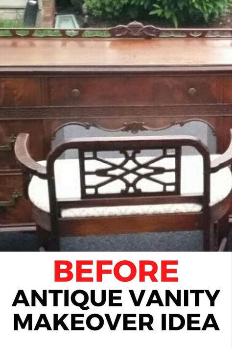 If you are looking for a creative and unique vanity upcyle idea check out the before and after of this incredible transformation. This fixer upper Annie Solan paint job will leave you stunned with disbelief. #diy #vanity #makeover Antique Vanity Makeover, Diy Vanity Makeover, Decorating Terra Cotta Pots, Unique Vanity, Garage Sale Tips, End Table Makeover, Beautiful Vanity, Diy Dining Room Table, Vanity Makeover