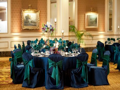 Peacock green and navy blue wedding reception linens and chair covers Emerald Green And Navy Blue Wedding Wedding Ceremony Decor, Navy Blue And Green Wedding Theme, Navy And Dark Green Wedding, Emerald Green And Navy Blue Wedding, Wedding Reception Linens, Navy Blue Wedding Reception, Reception Linens, Emerald Green Wedding Theme, Navy Blue Napkins