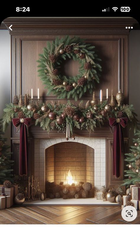 Colorful Christmas Fireplace Decor, Christmas Decorating Fireplace, Georgian Christmas Decorations, Christmas Mantle Wreath, Christmas Mantle With Wreath, Christmas Garland For Fireplace, Red Brick Fireplace Christmas Decor, Red Green And White Christmas Decor, Christmas Wreath Over Fireplace