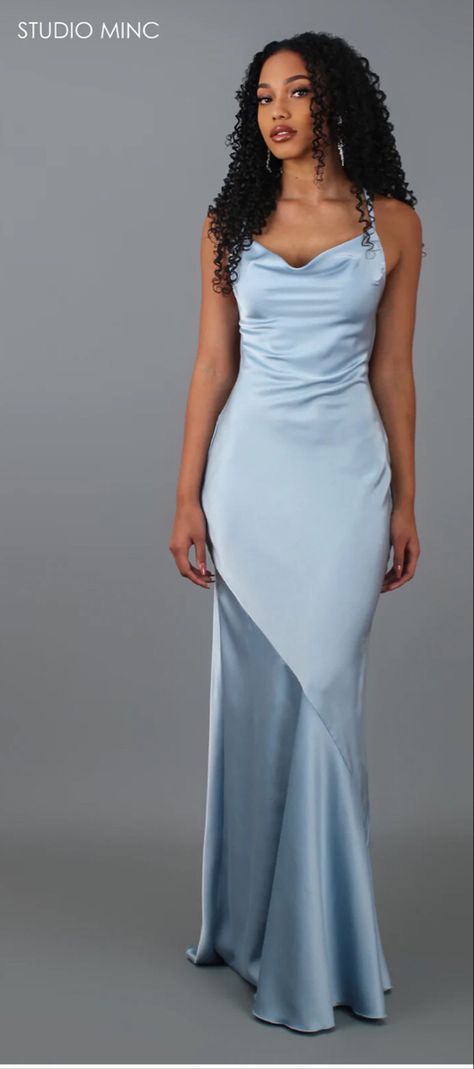 Evening Dresses Baby Blue, Baby Blue Silk Dress Long, Cowl Prom Dress, Serene Outfit, Baby Blue Dresses Formal, Prom Dresses Baby Blue, Blue Satin Formal Dress, Baby Blue Formal Dress, Baby Blue Satin Dress