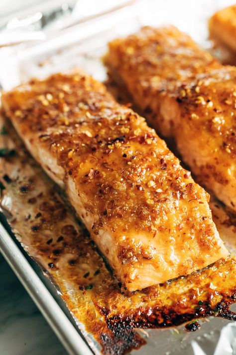 Honey Salmon Recipes Baked, Hot Honey Salmon, Honey Salmon Recipes, Sweet Salmon, Stone Ground Mustard, Hot Honey Recipe, Bbq Salmon, Pinch Of Yum, Mustard Salmon