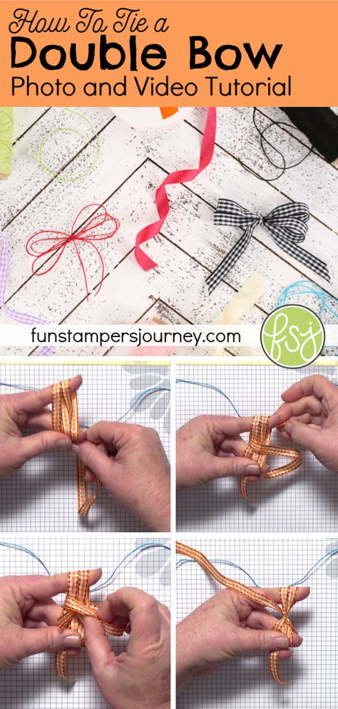 Learn to tie a double bow using twine, ribbon, thread and more. This easy tutorial will teach you just how to make gorgeous and simple bows. Once you master the technique, you can make triple or quadruple bows too! #funstampersjourney #cardmaking #papercrafting #ribbon #bows How To Tie A Bow With Twine, How To Decorate Candles With Ribbon, How To Tie Double Bow, Twine Bows Diy, Double Ribbon Bow Tutorial, How To Tie A Double Bow, How To Tie A Double Bow With Ribbon, How To Make A Double Bow, Double Bow Tutorial