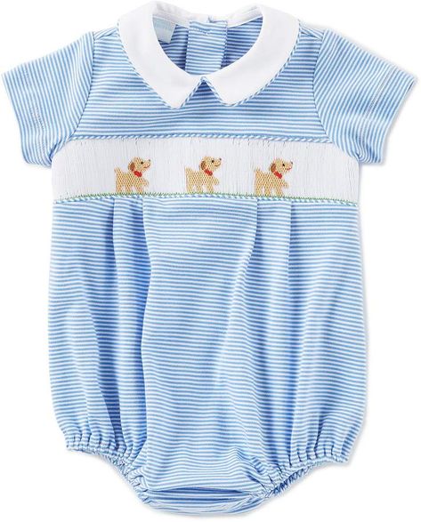 Adorable little boys outfit. Smocked for the little man. Edgehill Collection Baby Boy 3-9 Months Puppy Smocking Bubble. #ad, #shopstylecollective,#boysclothes,#smocking,#baby Boys Smocked Outfits, Smocking Baby, Smocked Baby Clothes, Boys Smock, Bubble Clothes, Ladies Cardigan Knitting Patterns, Vintage Baby Boys, Smocked Baby Dresses, Illusion Gown