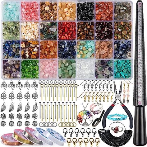 DIY Necklace Bracelet Earing Making Kit includes: approx.1 box of 28 different colors of natural gemstones, 5 different metal pendant（50Pcs), 210Pcs metal accessories, 5 rolls of elastic thread, 1 black pliers, 1 ring sizer mandrel, 1 ring sizer gauge set, 1finger size gauge. Multicolor crystals for jewelry making, professionally polished, This is a great starter kit for jewelry making. Friendship Bracelet Kit, Lomo Card, Earring Kit, Jewelry Making Kits, Bracelet Kits, Ring Earring, Jewelry Making Kit, Crystal Jewellery, How To Make Rings