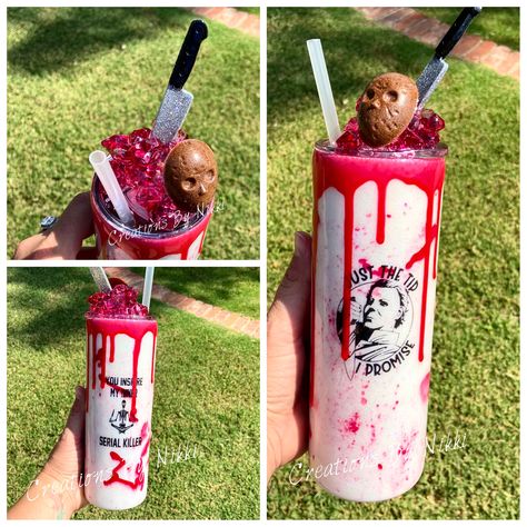 Tumbler Cup Toppers Diy, Halloween Tumbler Topper, Tumbler Lid Ideas, Tumbler Toppers, Alcohol Bottle Crafts, Snowglobe Tumblers, Michael Meyers, Pen Designs, Halloween Tumblers